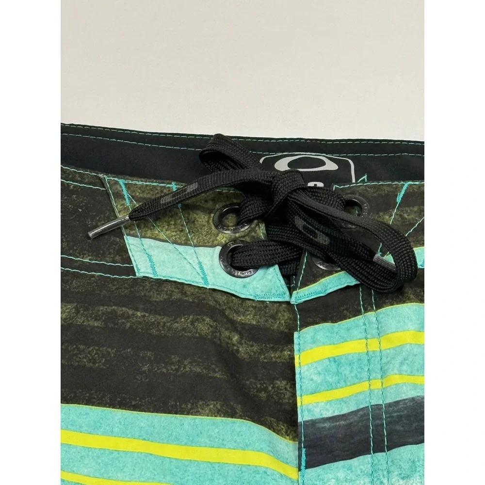 Oakley Men's Striped Board Shorts Black Teal Neon Yellow‎ Size 36